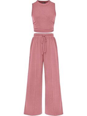 Women's Pink 2 Piece Outfits Ribbed Knit Lounge Sets Tracksuit Sleeveless